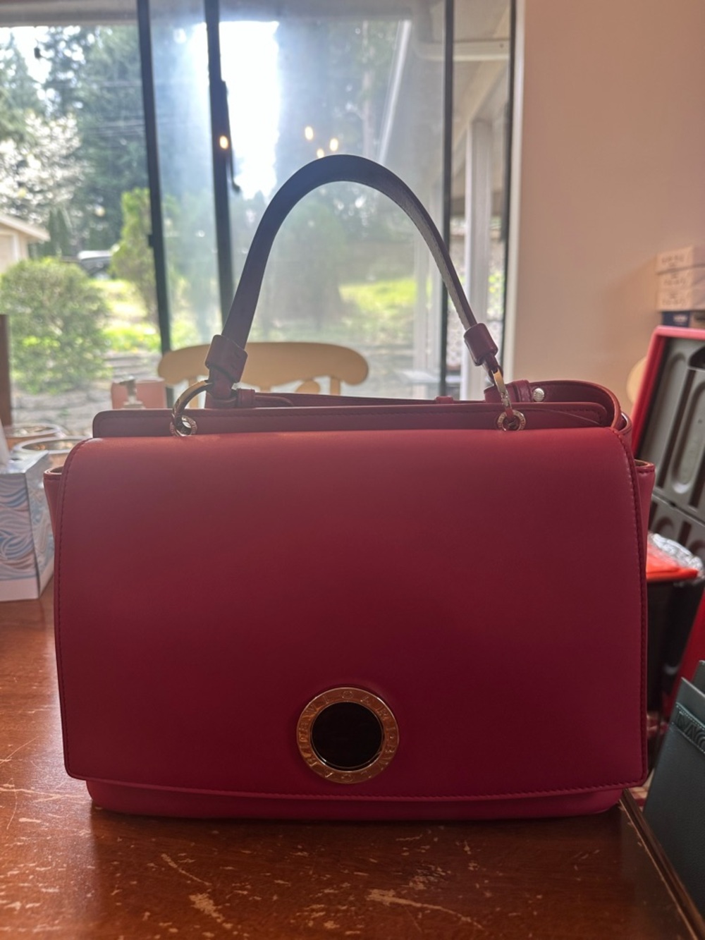 Bulgari Fuchsia Top-Handle Satchel with Gold-Tone Emblem